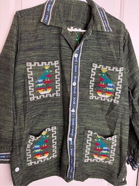 Vintage Guatemalan Quetzal Bird Embroidered Shirt Jacket Green Unisex M